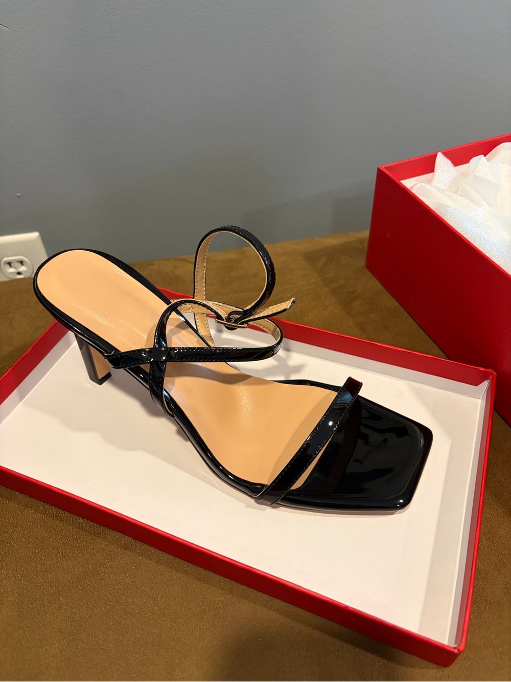 Women’s Strappy Square-Toe Sandal/Heel 3”, in Black Patent Leather - NEVER WORN